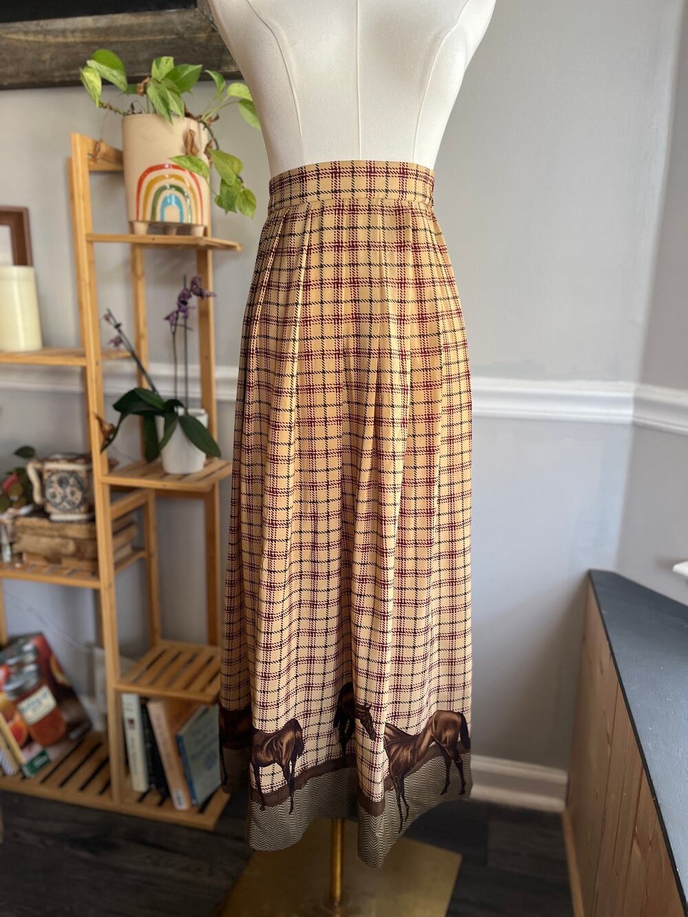 Vintage 90s Silk Equestrian Skirt Maxi Plaid Horses Pleated Size Large